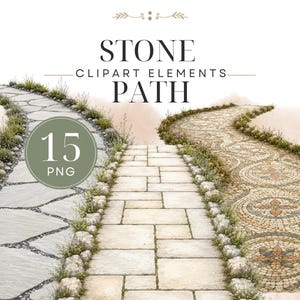 Könnte beinhalten: Digitales Clipart-Set mit dem Titel STONE PATH CLIPART ELEMENTS, bestehend aus 15 PNG-Dateien. Das Bild zeigt drei verschiedene Steinweg-Designs: einen grauen Plattenweg, einen rechteckigen beigen Pflasterweg und einen dekorativen Mosaikweg.