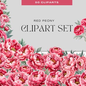Rote Pfingstrose Clipart PNG - Aquarell Hochzeitsblumen für Einladungen, Journals, Sublimation