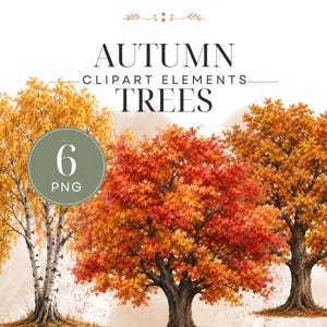 Puede incluir: Una colección digital de 6 elementos de clipart de árboles de otoño en formato PNG con tres árboles distintos con follaje vibrante amarillo, naranja y rojo. El texto AUTUMN CLIPART ELEMENTS TREES y 6 PNG aparece sobre las ilustraciones.