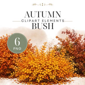 Può includere: Una collezione digitale di sei elementi clipart di cespugli autunnali con fogliame arancione, giallo e rosso intenso. Il testo AUTUMN CLIPART ELEMENTS BUSH e 6 PNG è visualizzato sopra i cespugli, resi in uno stile dettagliato.