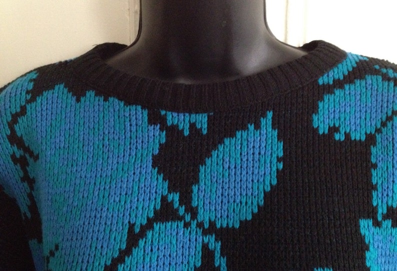 Vintage Sweater Domani 1980s Made in USA Teal Black Acrylic Long Sleeve Knit *** SALE ***