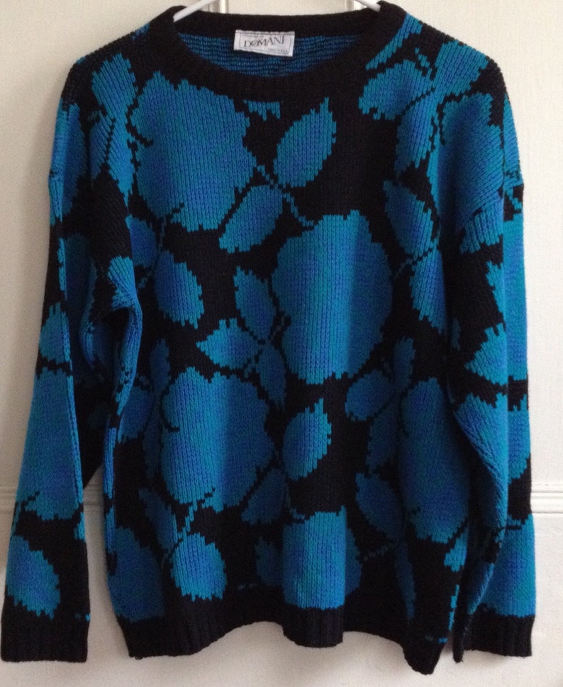 Vintage Sweater Domani 1980s Made in USA Teal Black Acrylic Long Sleeve Knit *** SALE ***