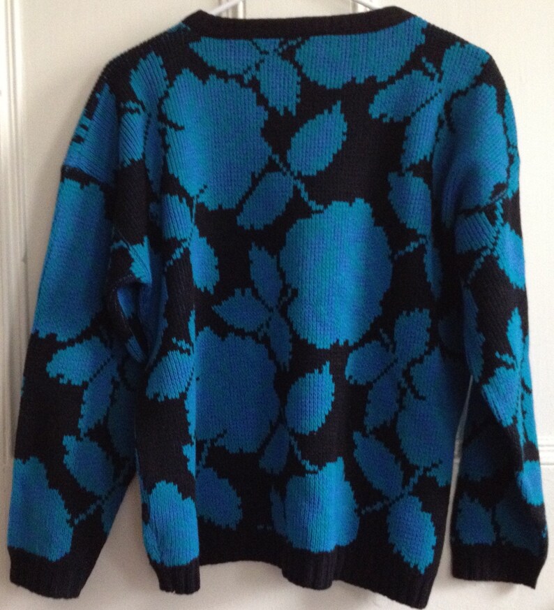 Vintage Sweater Domani 1980s Made in USA Teal Black Acrylic Long Sleeve Knit *** SALE ***