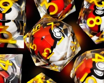 Resin Poké Ball Dice | Polyhedral RPG Set | Rotating Poké Ball Heart | Gold, Silver, and Blue Numbers | Role-Playing Game Dice