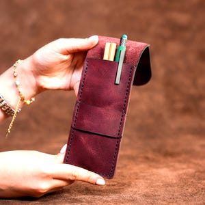 Personalized Leather Pen Case, Handcrafted Pencil Bag, Full Grain Leather Pen Pouch Holder, Custom , Burgundy Color