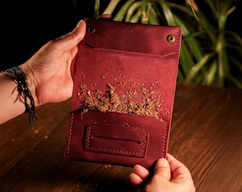 Handmade Leather Tobacco Pouch, Vintage Style Rolling Case, Burgundy