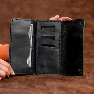 Handmade Leather Long Wallet / Personalized Name and Logo Engraving / Special Gift for Loved Ones / Personalized/Monogrammed Wallet / Black