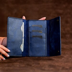 Handmade Leather Long Wallet / Personalized Name and Logo Engraving / Special Gift for Loved Ones / Personalized / Monogrammed Wallet / Blue