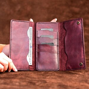 Handmade Leather Long Wallet / Personalized Name and Logo Engraving /Special Gift for Loved Ones / Personalized/Monogrammed Wallet /Burgundy