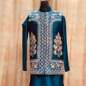Teal Blue Silk Kurta with Embroidered Nehru Jacket – Elegant Ethnic Wear for Men