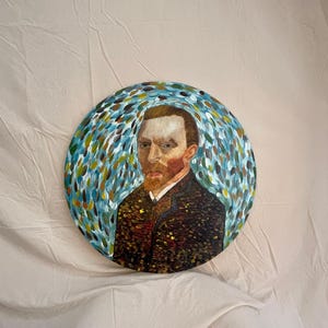 hand painted van gogh portrait pointilism style on round canvas  unique artwork for vangogh ensthusiasts