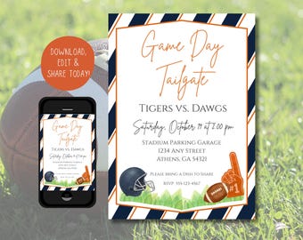 May include: An invitation for a game day tailgate party, featuring the text "Game Day Tailgate" and details for the Tigers vs. Dawgs game. Includes a football, helmet, and foam finger graphic. The invitation is on a smartphone and a printed card.