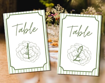 Simple and Modern Green Stripe Wedding Table Numbers | Editable Table Numbers | Printable Floral Reception Table Numbers | Canva Template