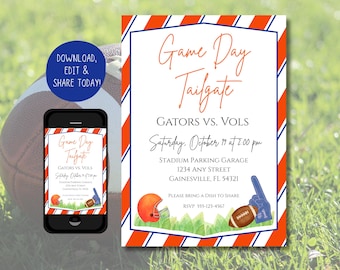 Könnte beinhalten: Eine digitale Einladung für eine Football-Tailgate-Party. Das Design zeigt orange und blaue Streifen, einen Football, einen Helm und den Text "Game Day Tailgate". Die Einladung wird auch auf einem Smartphone angezeigt.