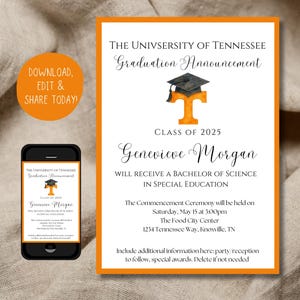 Uitnodiging afstudeeraankondiging van de Universiteit van Tennessee | Bewerkbare afstudeeraankondiging | Afdrukbare oranje grad-uitnodiging | Canvas