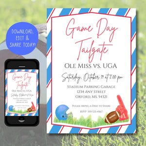 Może przedstawiać: Cyfrowe zaproszenie na imprezę przed meczem. Projekt zawiera czerwono-niebieskie paski, piłkę nożną, hełm i tekst "Game Day Tailgate". Wydarzenie odbędzie się dla Ole Miss vs. UGA 19 października.