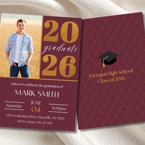 Editable 2026 Graduation Party Photo Invitation Template (Digital), Maroon and Gold