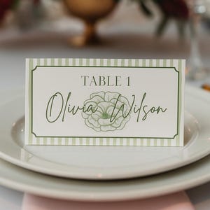 Puede incluir: Una tarjeta de mesa con un borde a rayas verdes y blancas. La tarjeta dice "TABLE 1" encima del nombre "Olivia Wilson" en una fuente cursiva, con una ilustración floral. Está sobre un plato blanco con una servilleta rosa.
