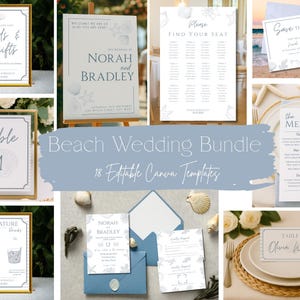 Puede incluir: Una colección de plantillas de papelería para bodas con temática de playa. Incluye invitaciones, tarjetas de mesa, tarjetas de menú y señalización con diseños de conchas marinas y estrellas de mar. El texto incluye "Tarjetas y regalos", "Norah y Bradley", "Encuentra tu asiento", "Mesa 1", "Bebidas de autor", "Guarda la fecha" y "El menú".