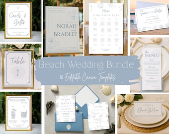May include: A collection of beach-themed wedding stationery templates. Includes invitations, table cards, menu cards, and signage with seashell and starfish designs. The text includes "Cards & Gifts", "Norah and Bradley", "Find Your Seat", "Table 1", "Signature Drinks", "Save the Date", and "The Menu".