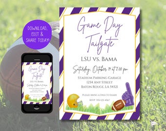 Editable Purple and Gold Football Tailgate Party Template | Cute Game Day Tailgate Invitation | Striped Invite | Digital Invite | Canva