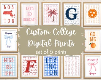 Set of 6 Printable Custom College Art Prints | Digital Prints | Personalized University Dorm Room Prints | College Apartment Digital Prints