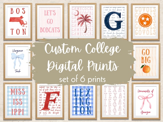 Set of 6 Printable Custom College Art Prints | Digital Prints | Personalized University Dorm Room Prints | College Apartment Digital Prints