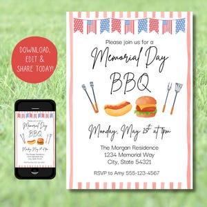 Memorial Day BBQ Invitation | Editable Memorial Day Cookout Invite | Printable Patriotic Party Invite | Instant Download | Mobile BBQ Invite
