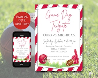Editable Red and Gray Football Tailgate Party Template | Cute Game Day Tailgate Invitation | Digital Invite | Canva