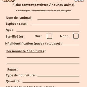 Puede incluir: Una hoja de contacto imprimible rosa y marrón para cuidadores de mascotas. La hoja incluye secciones para el nombre del animal, la especie, la edad, el estado de esterilización, el número de identificación, la personalidad, el tipo de alimento, la cantidad, la frecuencia y las alergias.