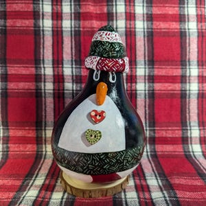 Decorative Christmas Gourd, Penguin, Handpainted Gourd, Christmas Decor, Christmas Gift, Holiday Decor