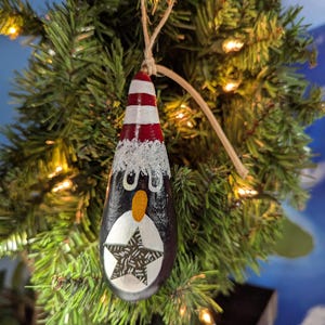 Decorative Christmas Gourd, Penguin Tree Ornament, Hand Painted Christmas Gourd, Christmas Ornament, OOAK, Christmas Gift
