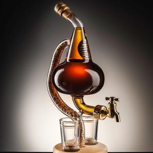May include: A wooden stand with a glass decanter and two shot glasses. The decanter has a gold-coloured spout and a label that reads "Highland Blended Scotch Whisky".