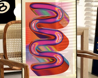 Puede incluir: Una impresión artística enmarcada con un diseño vibrante y arremolinado en tonos de rosa, naranja y morado. La obra de arte se exhibe en una silla de madera con asiento tejido, en una habitación con otras obras de arte enmarcadas y una estantería.
