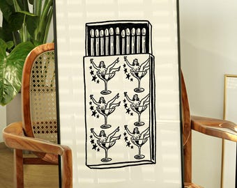Cocktail Matchbox Retro Wall Art Funky Martini Print Vintage Inspired Decor Trendy Bar Cart Poster Aesthetic Gallery Wall Digital Download