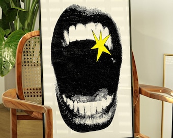 Star Pop Mouth Print Bold Pop Art Poster Retro Wall Art Black White Graphic Illustration Edgy Room Decor Digital Download Aesthetic Poster