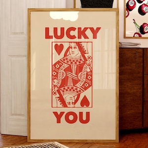 Lucky You Trendy Wall Art Print Queen of Hearts Poster Playing Card Artwork Y2K Preppy Aesthetic Room Decor Trendy Retro Physical Art Print