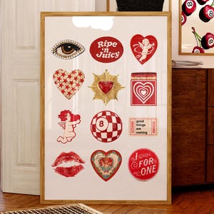 Vintage Retro Collage Red Heart Print Trendy Wall Art Funky Bar Cart Decor Preppy Y2K Room Decor Physical Print Home Decor Trendy Print