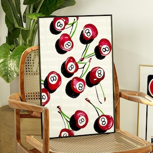 8 Ball Cherry Wall Art Print Funky Retro Poster Cool Bar Cart Decor Digital Download Pop Art Illustration Aesthetic Dorm Room Printable Art