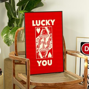 Lucky You Print Queen of Hearts poster speelkaart kunst trendy retro muur kunst preppy Y2K kamer decor digitale download muur kunst trendy print