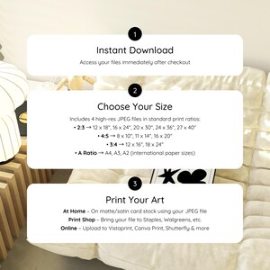 May include: Informational graphic with text about digital art prints. The text includes "Instant Download", "Choose Your Size" with print ratios, and "Print Your Art" with printing options. The image is on a neutral background.