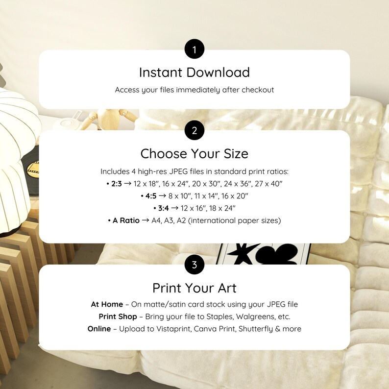 May include: Informational graphic with text about digital art prints. The text includes "Instant Download", "Choose Your Size" with print ratios, and "Print Your Art" with printing options. The image is on a neutral background.