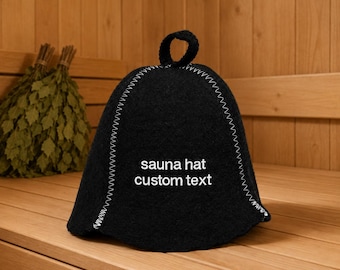 Sauna hat with custom text. Natural wool spa beanie black