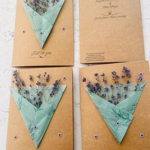 Handmade greeting card with dried lavender which smells amazing