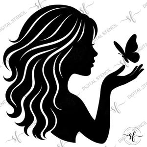 蝶を持つ少女のシルエット SVG、PNG 女性の横顔のクリップアート 長い髪と蝶を持つ女性 カットファイル、SVG および PNG ファイル 5 つのデザイン