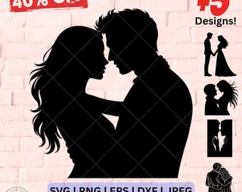 Silueta de pareja SVG: Clipart de enamorados, diseño romántico (descarga digital)
