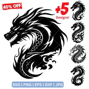 Dragon SVG Designs – Includes Dragon Clipart for Cricut, Cut Files, Flying Dragon Silhouettes, Dragon Head Designs, Dragon Tattoo SVGs,