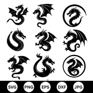 Dragon SVG Designs – Includes Dragon Clipart for Cricut, Cut Files, Flying Dragon Silhouettes, Dragon Head Designs, Dragon Tattoo SVGs,