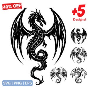 Dragon SVG Designs – Includes Dragon Clipart for Cricut, Cut Files, Flying Dragon Silhouettes, Dragon Head Designs, Dragon Tattoo SVGs,