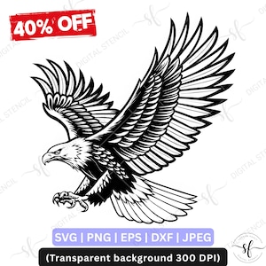 May include: A black and white illustration of an eagle in flight, with wings spread wide. The image includes the text "40% OFF" in a red rectangle, and file type information. The eagle is a vector graphic, suitable for various digital projects.
